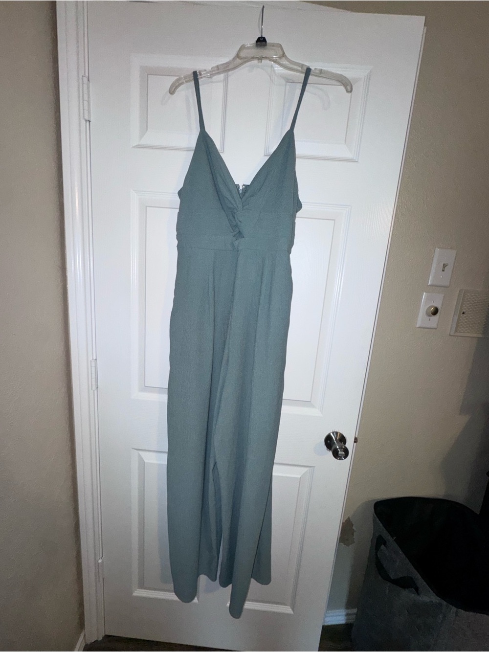 Trixxi Sage Green Spaghetti Strap V-Neck Jumpsuit with pockets